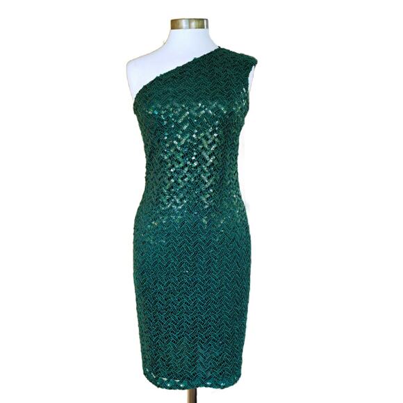 DAVID MEISTER One-Shoulder Sequin Lace Cocktail Sheath Dress Sz 6 Emerald Green - Picture 2 of 10